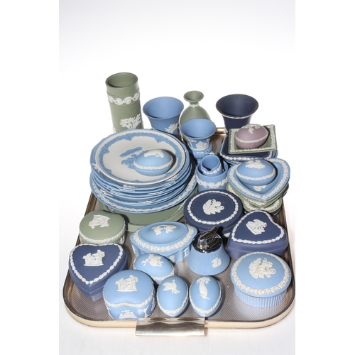 1 - Collection of Wedgwood blue and green Jasperware including plates, vases, lidded boxes, etc.