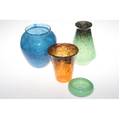 13 - Three Monart glass vases and small circular bowl.