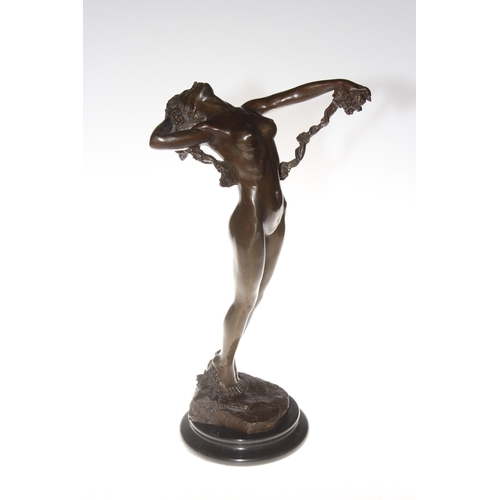 152 - Bronze semi-clad lady in a dancing pose on plinth stand, 37cm.