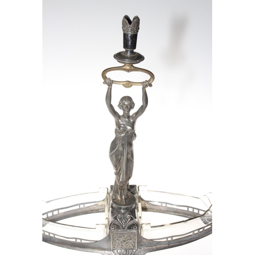 161 - WMF Art Nouveau maiden centre piece with two glass liners, 50cm across, 47cm high.