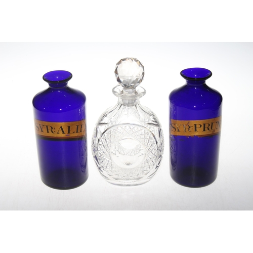 165 - Two antique Bristol blue chemists bottles, 21cm, and crystal decanter (3).