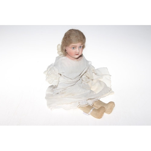 168 - Goss bisque head doll with painted features, bisque lower arms and fabric body, 38cm.