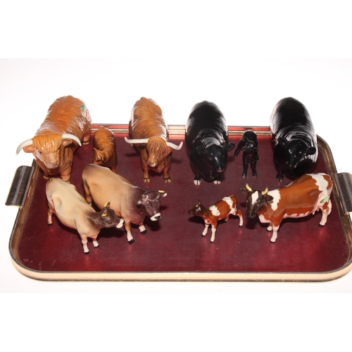 17 - Ten Beswick Cattle including Highland Bull, Cow and Calf, Aberdeen Angus Bull, Cow and Calf, and Jer... 