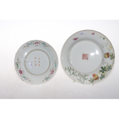 173 - Two antique Chinese saucer dishes, Guangxa birthday pattern, 15.5cm and Bitter Melon, 19cm diameter.