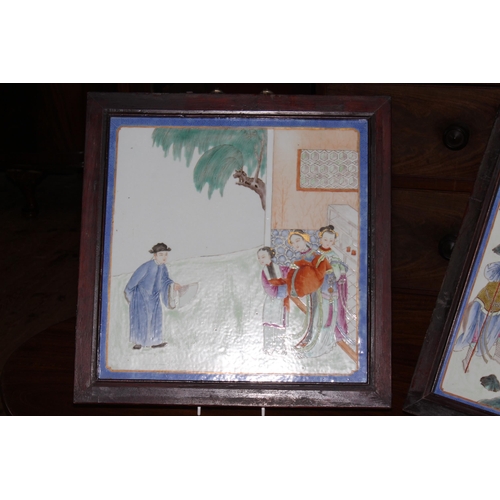 180 - Pair Chinese porcelain polychrome plaques, each painted with figures in outdoor settings, framed, 38... 