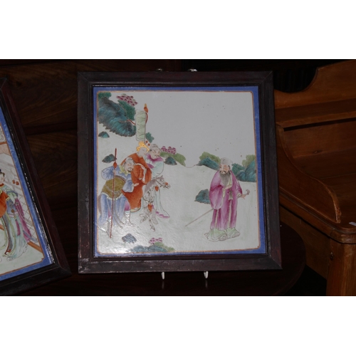 180 - Pair Chinese porcelain polychrome plaques, each painted with figures in outdoor settings, framed, 38... 