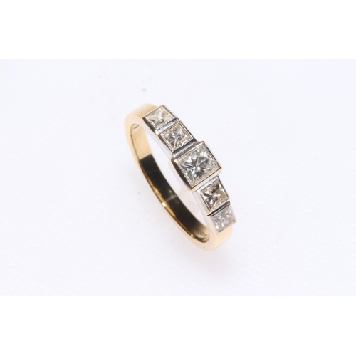 191 - Diamond five stone 18 carat gold ring, having five graduated square cut diamonds, size N.