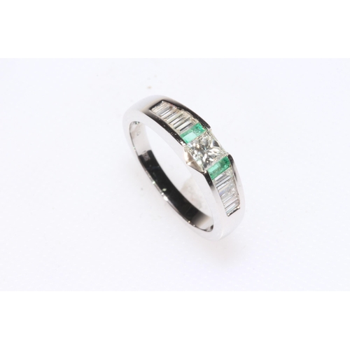 192 - Emerald and diamond 18 carat white gold ring, having centre square cut diamond (approximately 0.4 ca... 