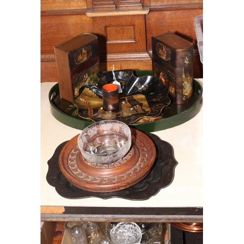 20 - Oriental papier mache dish, papier mache oval gallery tray, pair of boxes in the form of books, etc.