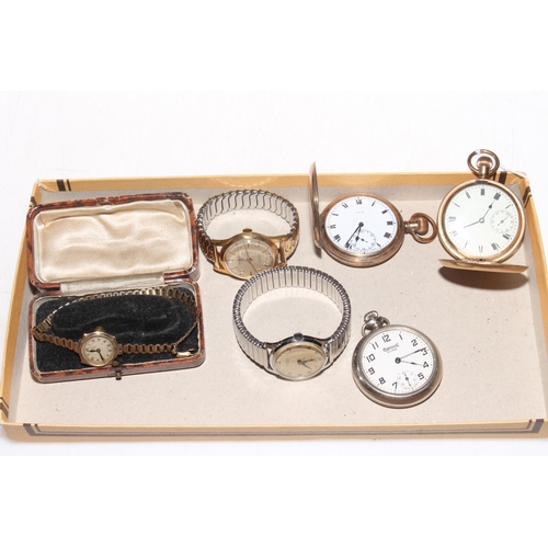 213 - Two gents wristwatches, Ingersol and Ensign, three pocket watches and gold ladies wristwatch with pl... 