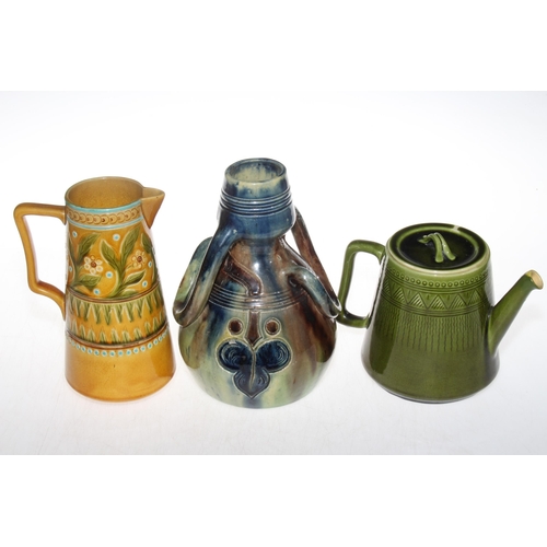 218 - Linthorpe Pottery jug, shape no. 1674, Linthorpe Pottery teapot no. 798 and art pottery vase (3).