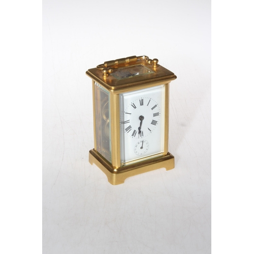 223 - French matt gilt brass carriage clock with alarm movement, 14.5cm to top of handle.