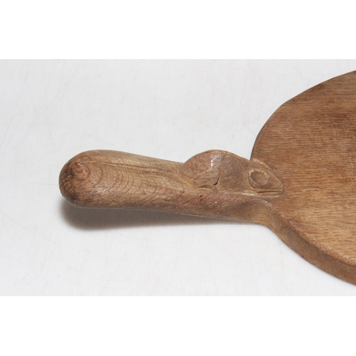 224 - Robert Thompson of Kilburn 'Mouseman' oak cheeseboard, 39cm across including handle.