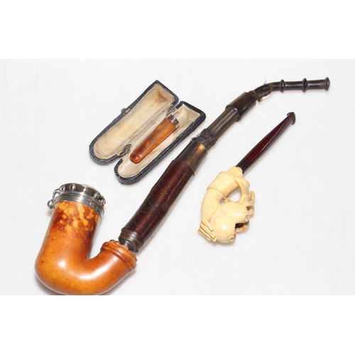 236 - 9 carat gold mounted cheroot holder, Meerschaum pipe, and Dutch silver mounted pipe (3).