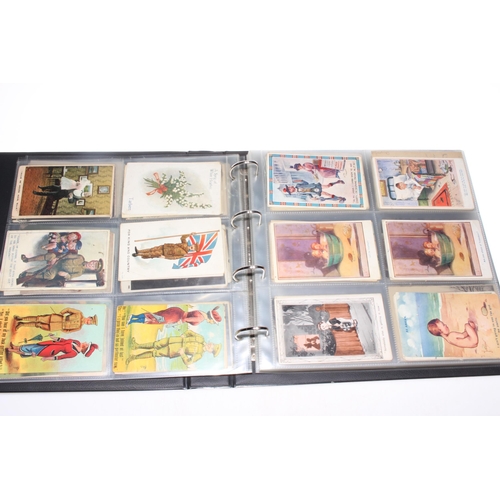 26 - Album of assorted postcards including military embroidered silks, artist signed, Newlands Rd Cathcar... 