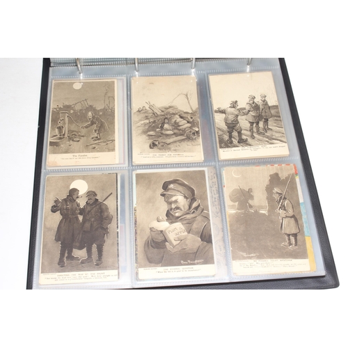 26 - Album of assorted postcards including military embroidered silks, artist signed, Newlands Rd Cathcar... 