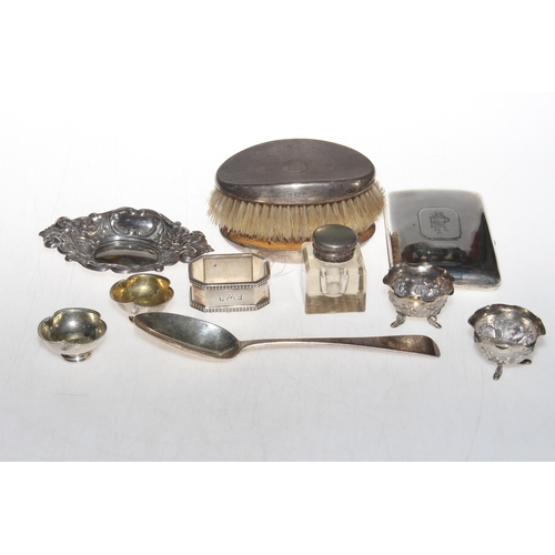 274 - Silver cigar case, Birmingham 1918, William IV silver tablespoon, silver bon bon and silver napkin r... 