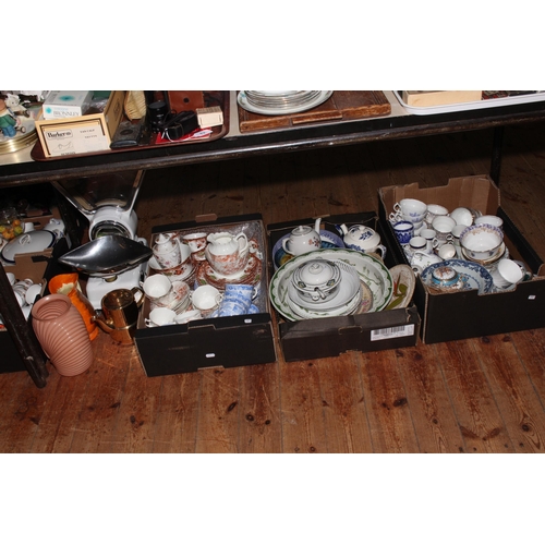 29 - Fourteen boxes of glass, china, metalwares, Avery sweet scales, four copper jugs, various teawares, ... 