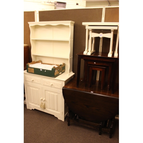 351 - Painted shelf back dresser, gate leg dining table and two nests of three tables (4).