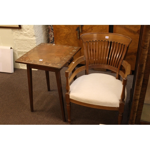 370 - Art Nouveau copper topped table, 19th Century elbow chair, two bedroom chairs, four stools, cakestan... 