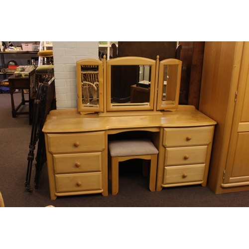 375 - Light wood five piece bedroom suite comprising four door wardrobe, pedestal dressing table, dressing... 