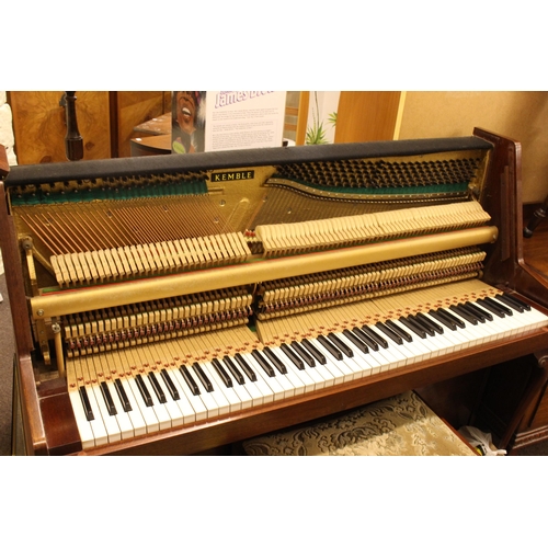 377 - Rosewood cased Kemble upright overstrung piano, cabriole leg stool and sheet music.