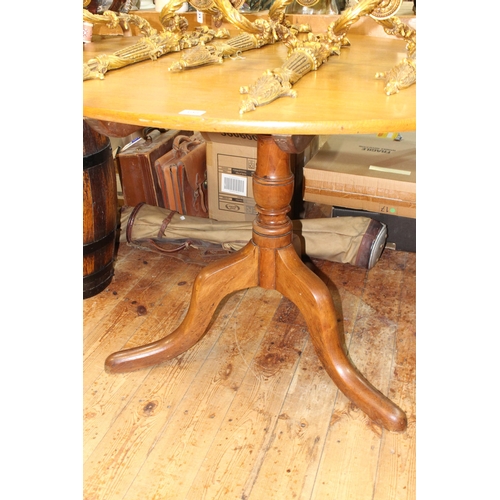 398 - 19th Century circular snap top supper table on pedestal tripod base, 73cm by 107cm diameter.