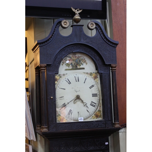 415 - Antique carved dark oak 30 hour longcase clock having floral painted arched dial, Henry Steward, Yor... 