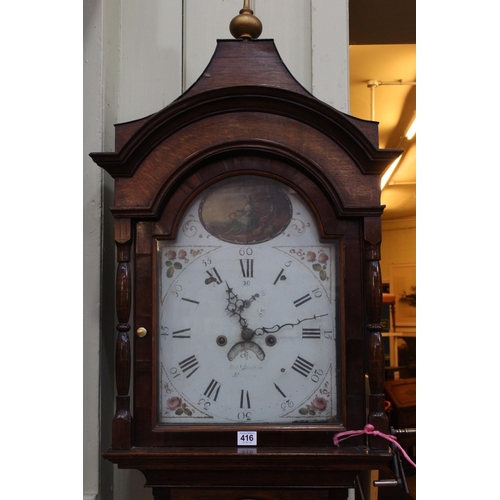 416 - Antique oak and mahogany eight day longcase clock having painted arched dial, Robert Skelton, Malton... 