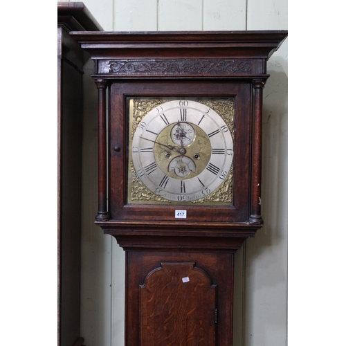 417 - Antique oak and mahogany eight day longcase clock having square brass and silvered dial, Ashton Tids... 