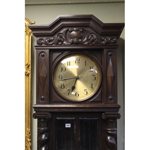 418 - Early 20th Century carved oak triple weight longcase clock.