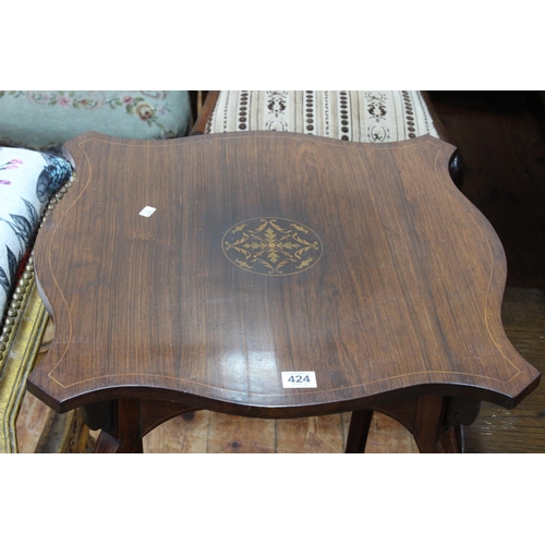 424 - Victorian rosewood and satinwood inlaid shaped top occasional table, 68cm by 50cm by 50cm.