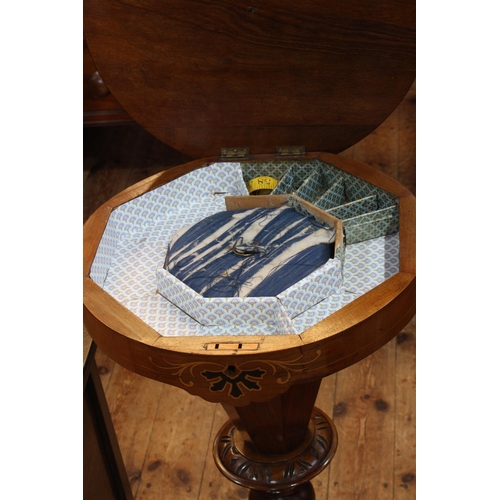 427 - Victorian circular inlaid chess top sewing table on tripod base, 74cm by 44cm diameter.