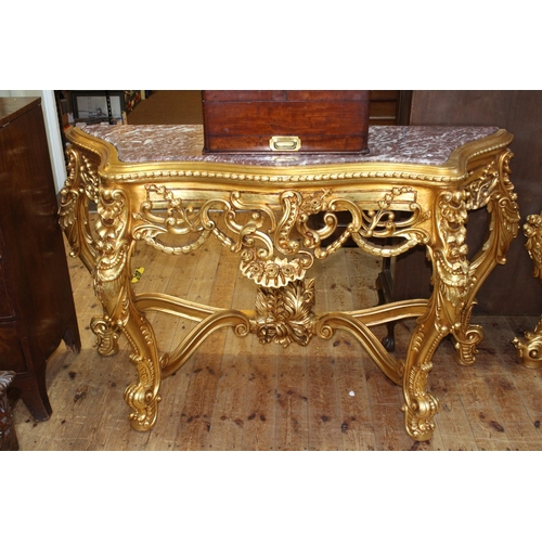 445 - Near pair gilt and marble topped serpentine front console tables, 95cm by 169.5cm by 48cm and 93.5cm... 