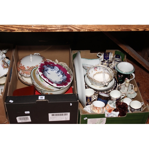 45 - Four boxes of Victorian and later china, ornaments, commemorative ware, ornaments, books, etc.