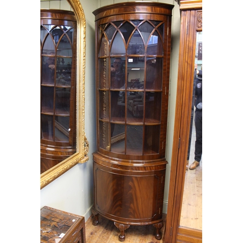 460 - Mahogany bow front glazed panel door top standing corner cabinet, 201cm.