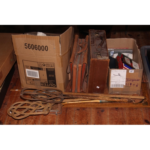 47 - Bag of vintage golf clubs, two carpets beaters, two rulers, tennis racket, leather suitcase, briefca... 