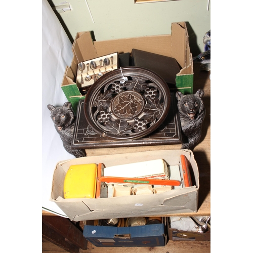 52 - Tinplate truck, Black Forest bear stand, wood bowl, cutlery, pair of chrystoleums etc.