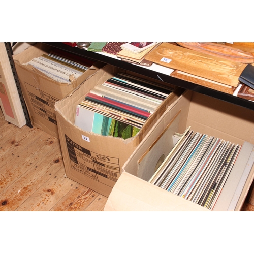 74 - Fourteen boxes of assorted books, records, sheet music, pictures, etc.