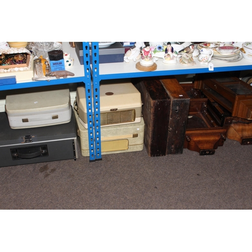 80 - Five clock cases, vintage record player, six boxes of china, glass mantel clocks, Masonic ware, etc.