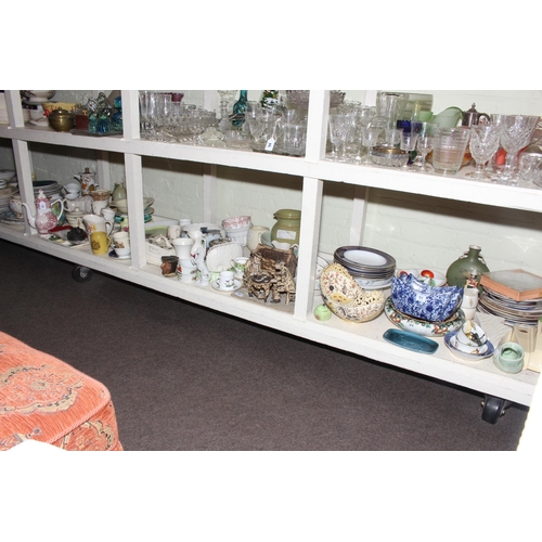 95 - Full shelf of assorted china including Midwinter teaware, bowls, plates, cups and saucers, wall pock... 