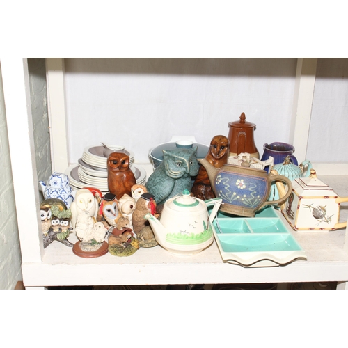 98 - Various teapots, assorted dinner and teawares, owl ornaments, decorative plates, lamps, etc.