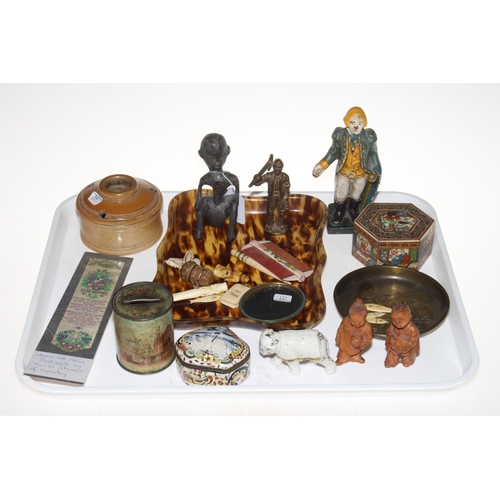 10 - Tray lot of collectors pieces including antique Delft box, Indian inlaid box, miner figure, Stevengr... 