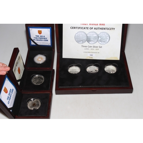 43 - Collection of silver proof coins with COAs and boxed inc: The Silver £5 Poppy Jersey and The 2014 '1... 