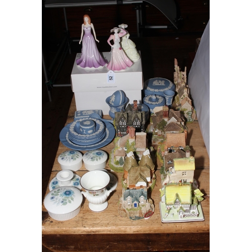 52 - Lilliput Lane cottages, Coalport cottages, Wedgwood Blue Jasperware, Royal Doulton and Coalport figu... 
