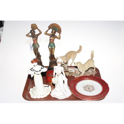8 - Pair Art Deco spelter dancing figures, two Coalport figures and pair plates, Country Artists Retriev... 