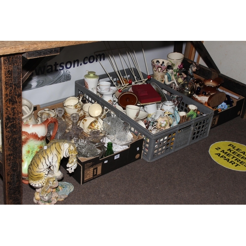 111 - Three boxes of figurines, glass, mantel clock, etc.