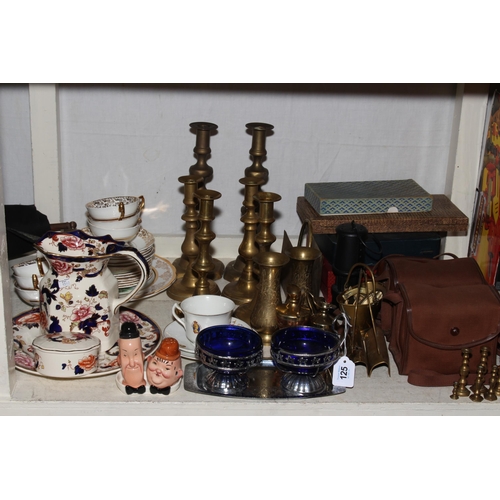 125 - Cameras, brass candlesticks, cased cutlery, Masons Mandalay, etc.