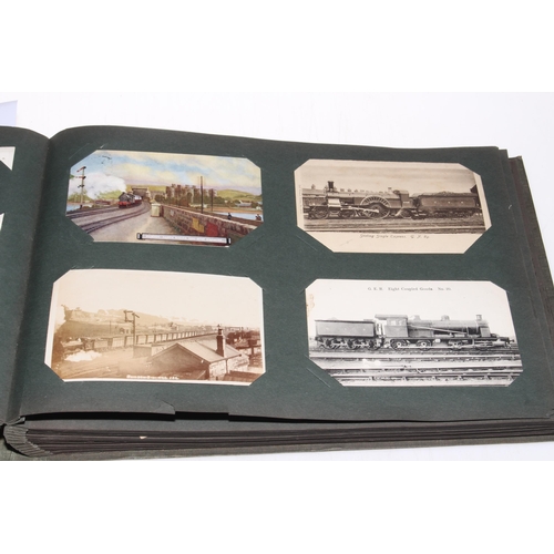 157 - Railway interest printed and photographic postcard album inc: Shildon Sidings 1909 station RP, Crewe... 