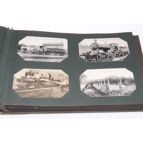 157 - Railway interest printed and photographic postcard album inc: Shildon Sidings 1909 station RP, Crewe... 